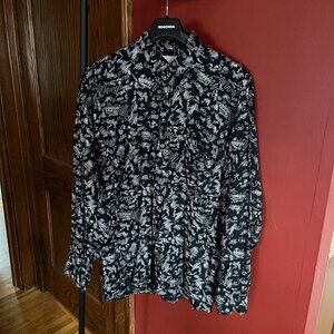 Vintage Boston Club Black White Squiggle Print Casual Button Down Long Sleeve 41